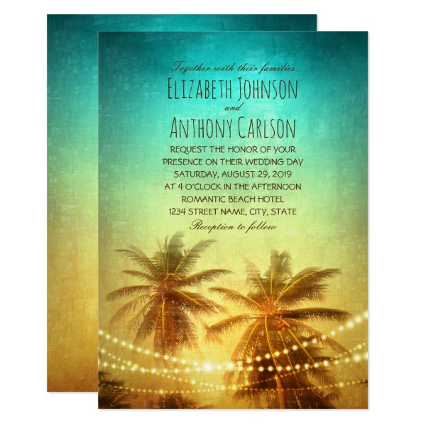 256807175392358014 Palm Tree Sunset Hawaiian Beach Themed Wedding Invitation