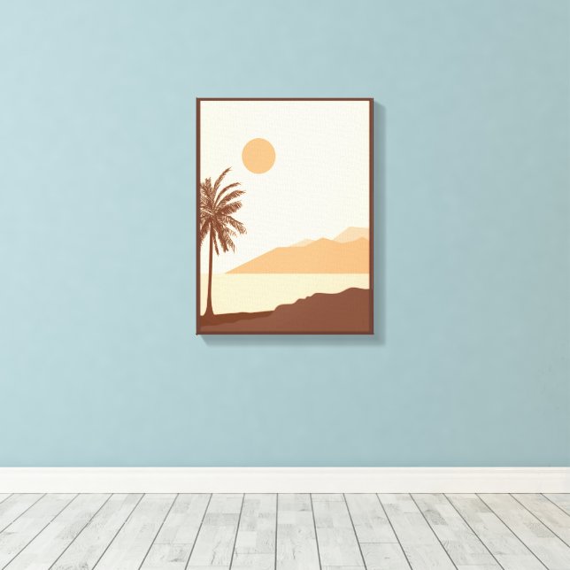 Palm Tree Sunset, Island, Boho Abstract Art Canvas Print (Insitu(Wood Floor))