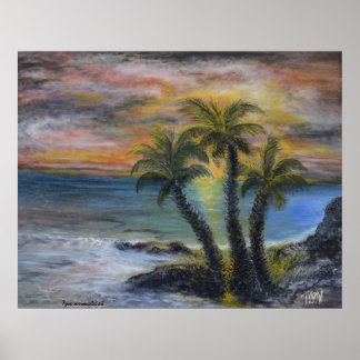Palm tree sunset painting poster