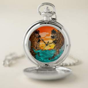 Palm Tree Sunset Pocket Watch