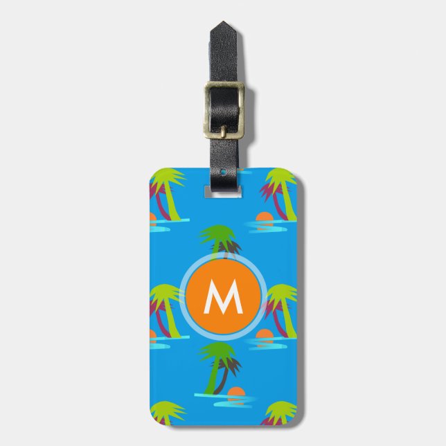 Palm Tree Sunset Sea Pattern Monogram Luggage Tag (Front Vertical)