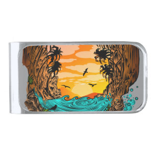 Palm Tree Sunset Silver Finish Money Clip