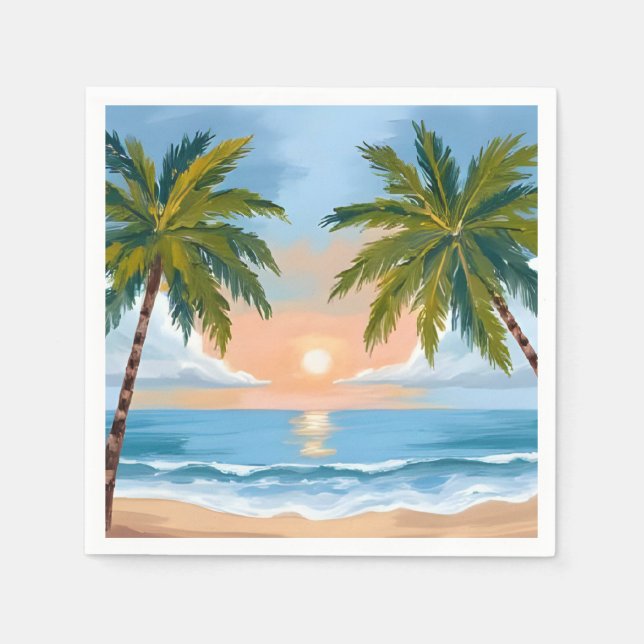 Palm Tree Sunset | Tropical Beach Wedding Napkins (Front)