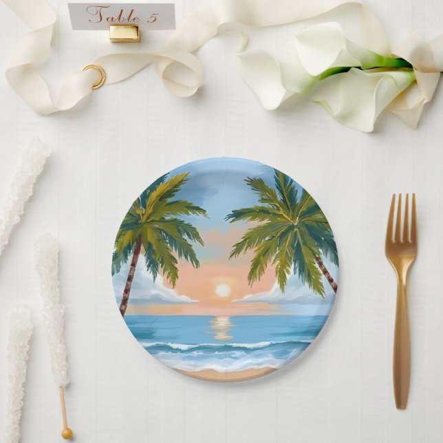 Palm Tree Sunset | Tropical Beach Wedding Paper Plates (Wedding)