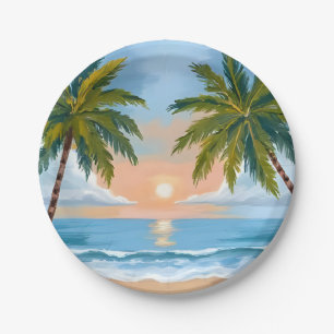 Palm Tree Sunset   Tropical Beach Wedding Paper Plates
