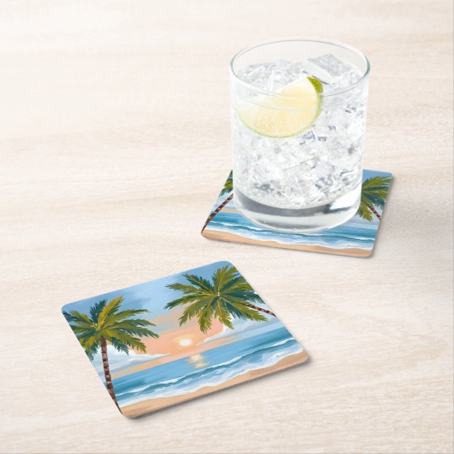 Palm Tree Sunset | Tropical Beach Wedding Square Paper Coaster (Insitu)