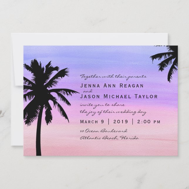 Palm Tree Sunset Watercolor Wedding Invitation (Front)