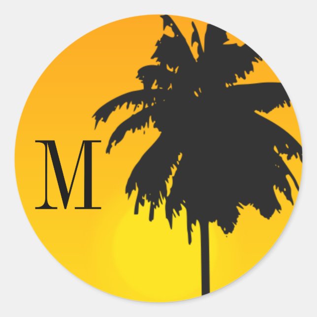Palm Tree Sunset Wedding Stickers with Monogram (Front)