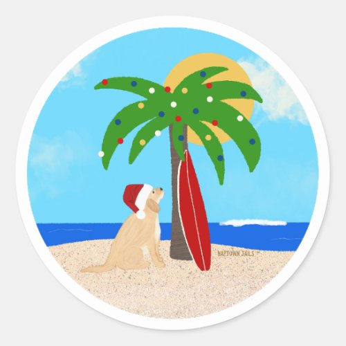 Palm Tree Surf Board Santa Dog Christmas Stickers