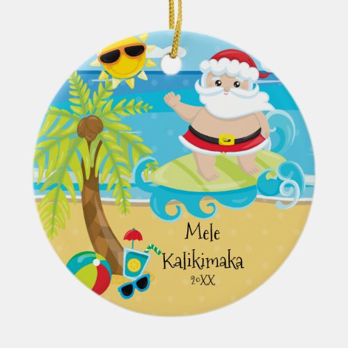 Palm Tree Surfing Santa Hawaiian Christmas Ceramic Ornament
