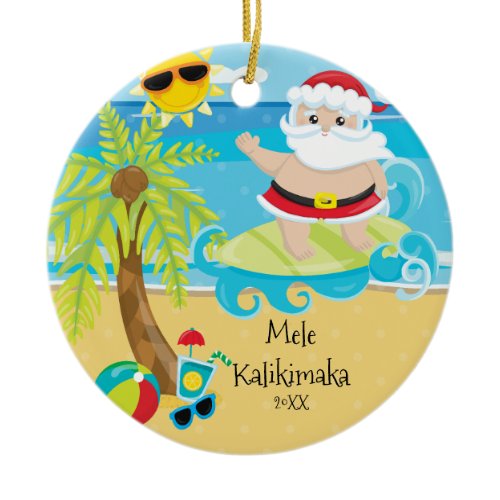 Palm Tree Surfing Santa Hawaiian Christmas Ceramic Ornament