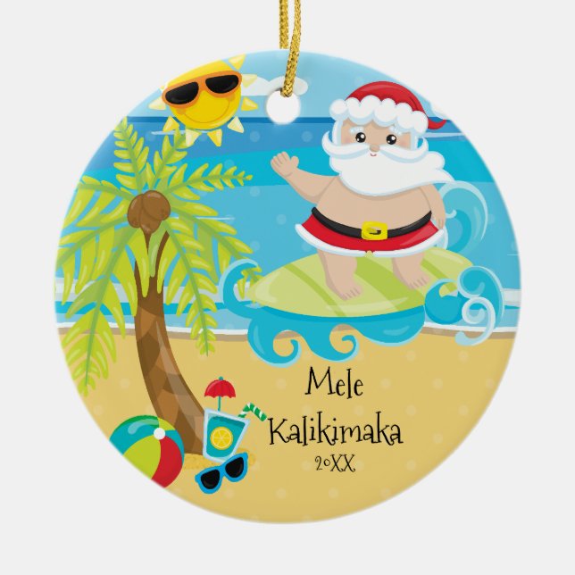 Palm Tree Surfing Santa Hawaiian Christmas Ceramic Ornament (Front)