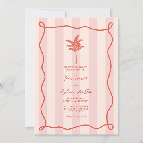 Palm Tree Swirl Pink Stripe Tropical Wedding Invitation
