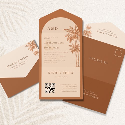 Palm Tree Terracotta QR Code All in One Wedding All In One Invitation