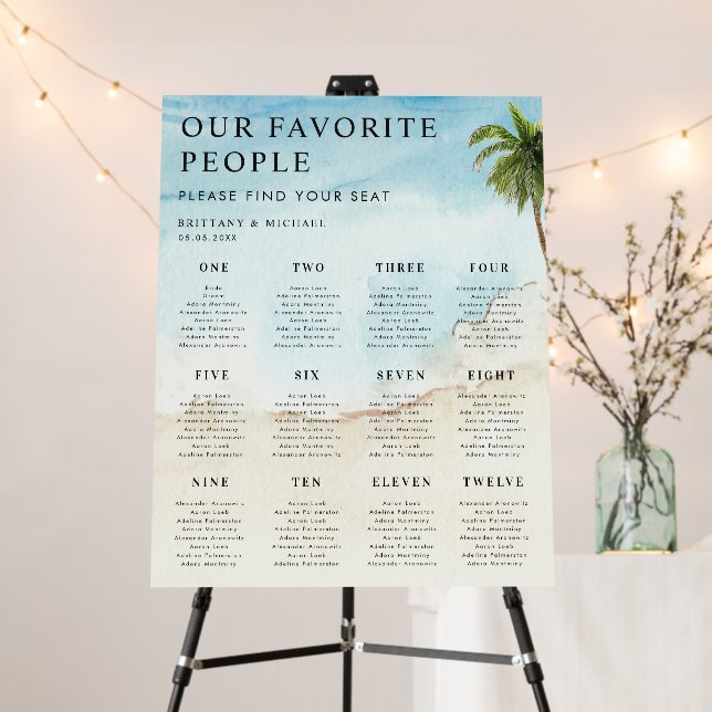 Palm Tree Tropical 12 Tables Wedding Seating Chart Foam Board (In Situ (Stand))