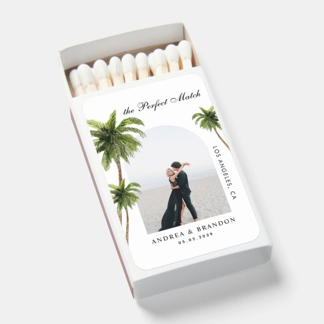 Palm Tree Tropical Arch Photo Destination Wedding Matchboxes (Front Open)