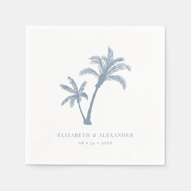 Palm Tree Tropical Beach Dusty Blue Wedding Napkins (Front)