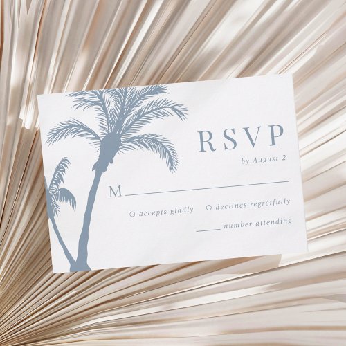 Palm Tree Tropical Beach Dusty Blue Wedding RSVP Card