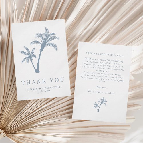 Palm Tree Tropical Beach Dusty Blue Wedding Thank You Card
