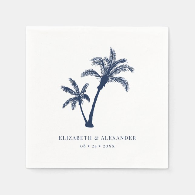 Palm Tree Tropical Beach Navy Blue Wedding Napkins (Front)