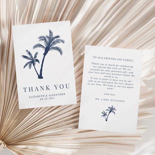 Palm Tree Tropical Beach Navy Blue Wedding Thank You Card