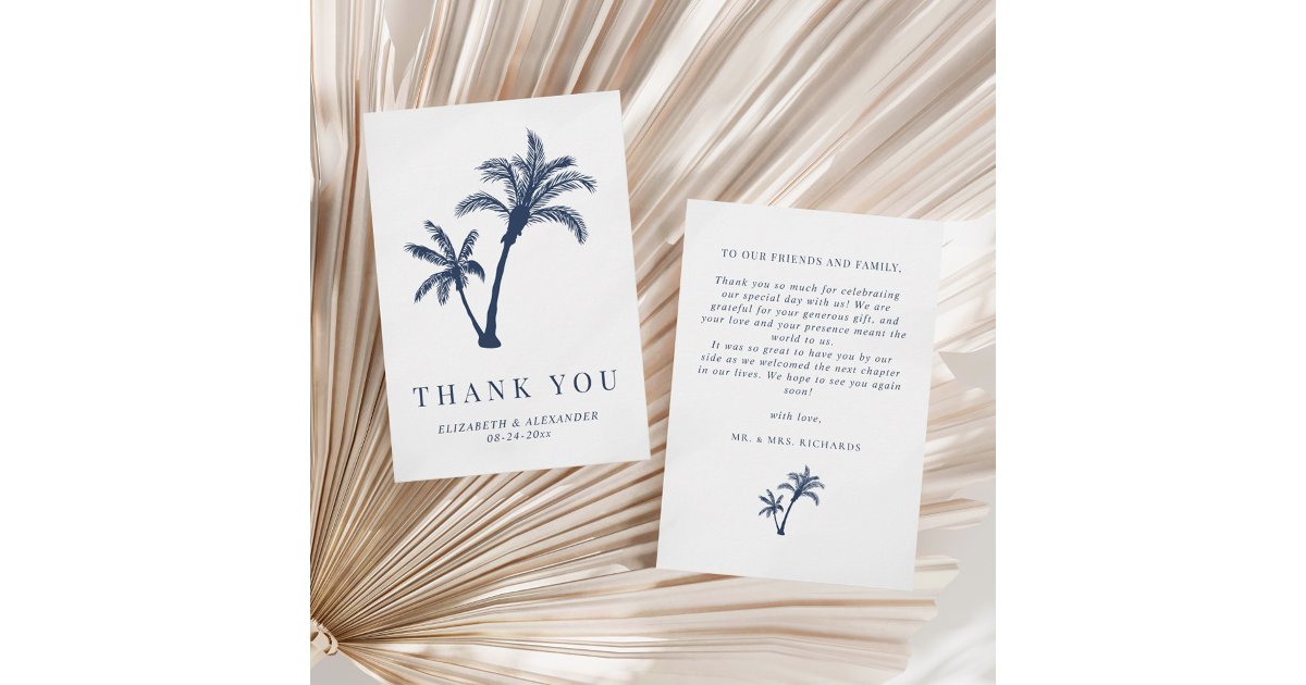 Palm Tree Tropical Beach Navy Blue Wedding Thank You Card | Zazzle