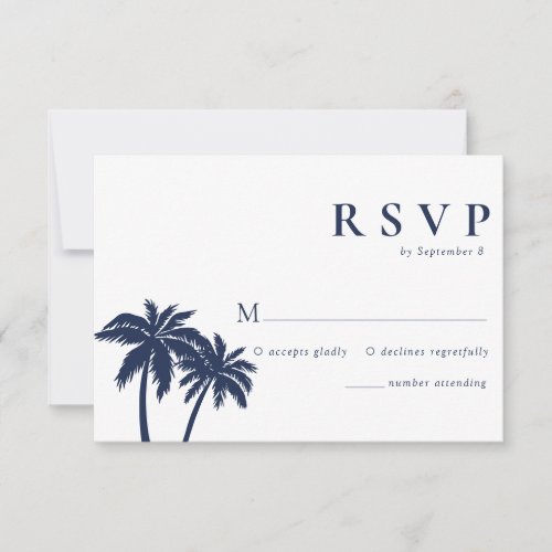 Palm Tree Tropical Beach Navy Wedding RSVP Card 
