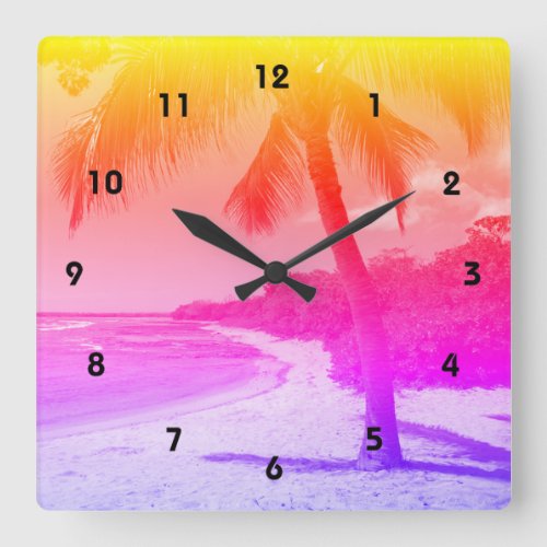Palm Tree Tropical Beach Orange Pink Purple Ombre Square Wall Clock
