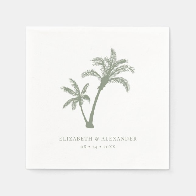 Palm Tree Tropical Beach Sage Green Wedding Napkins (Front)