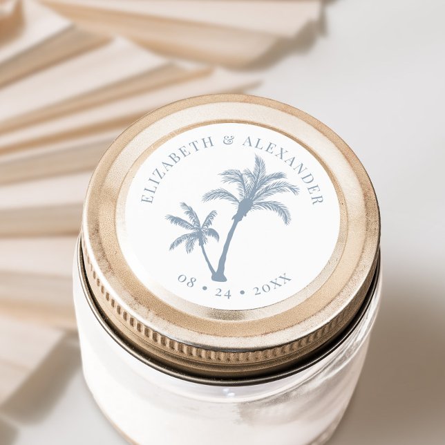 Palm Tree Tropical Beach Wedding Dusty Blue Classic Round Sticker (Creator Uploaded)