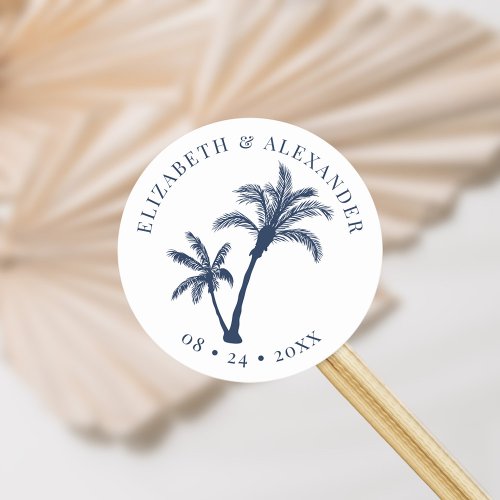 Palm Tree Tropical Beach Wedding Navy Blue Classic Round Sticker