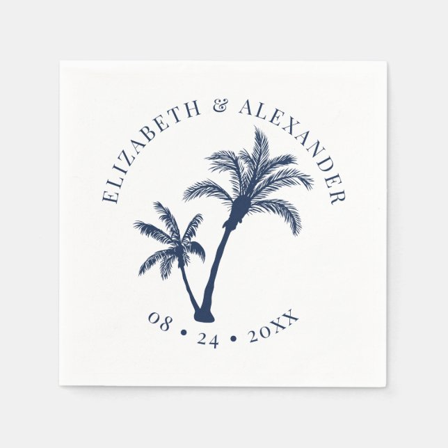 Palm Tree Tropical Beach Wedding Navy Blue Napkins (Front)