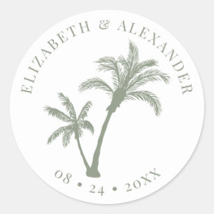 Palm Tree Tropical Beach Wedding Sage Green Classic Round Sticker