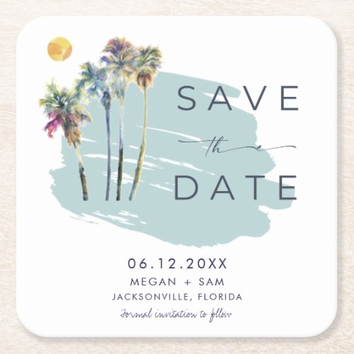 Palm Tree Tropical Beach Wedding Save the Date Square Paper Coaster