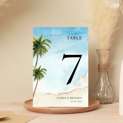 Palm Tree Tropical Beach Wedding Table Number   