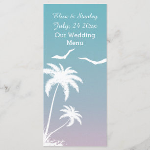 Palm tree tropical blue, pink beach wedding Menu