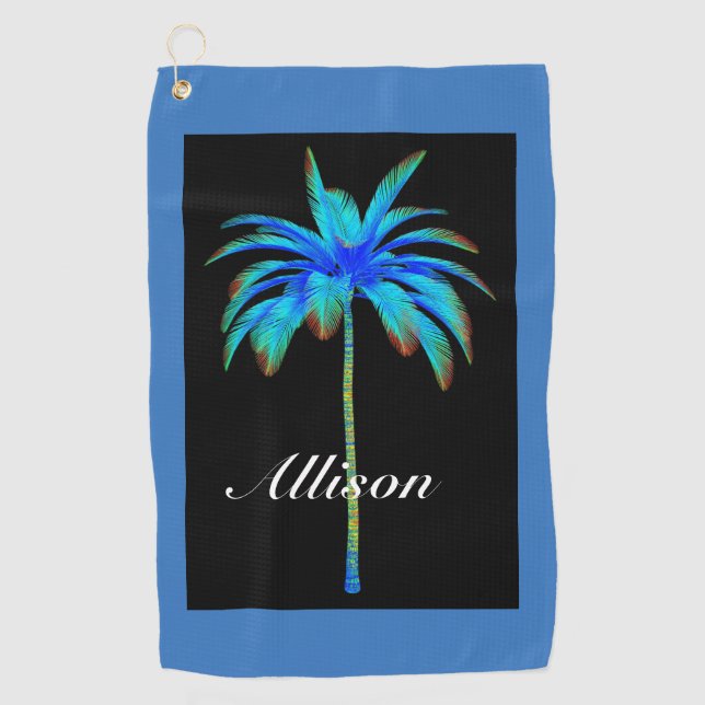 Palm Tree Tropical Colorful Blue Personalized Golf Towel (Front)
