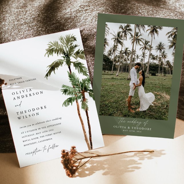 Palm Tree Tropical Destination Photo Back Wedding  Invitation (Palm Tree Photo Wedding Invitation, tropical destination suite with photo back, island beach invite)