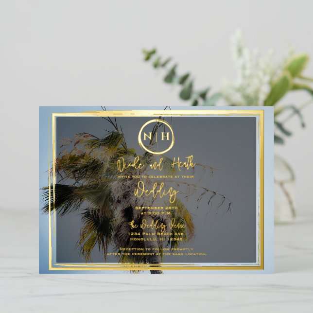 Palm Tree Tropical Elegant Photo Wedding Gold   Foil Invitation (Standing Front)