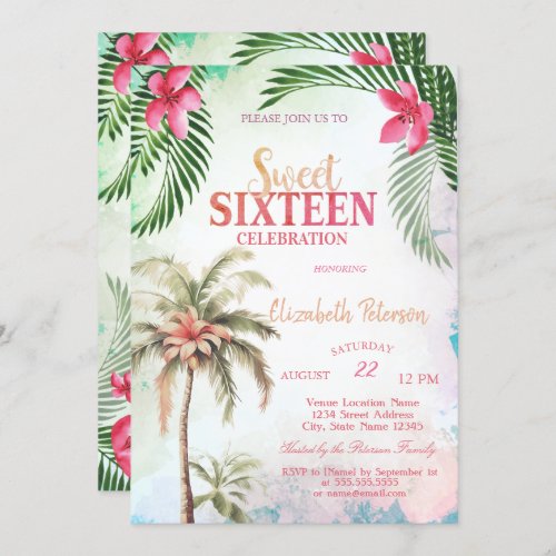 Palm Tree Tropical Flowers Summer Sweet 16 Party Invitation