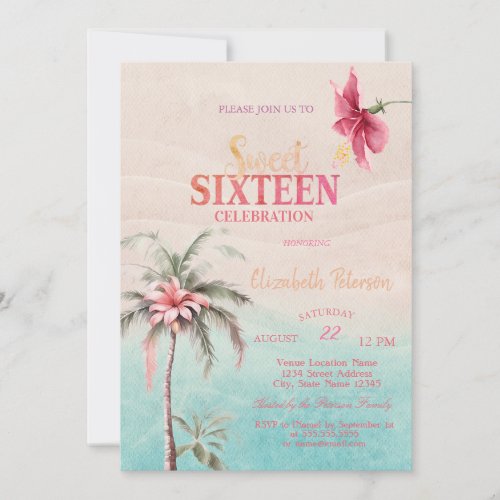 Palm Tree Tropical Hibiscus Summer Sweet 16 Party  Invitation