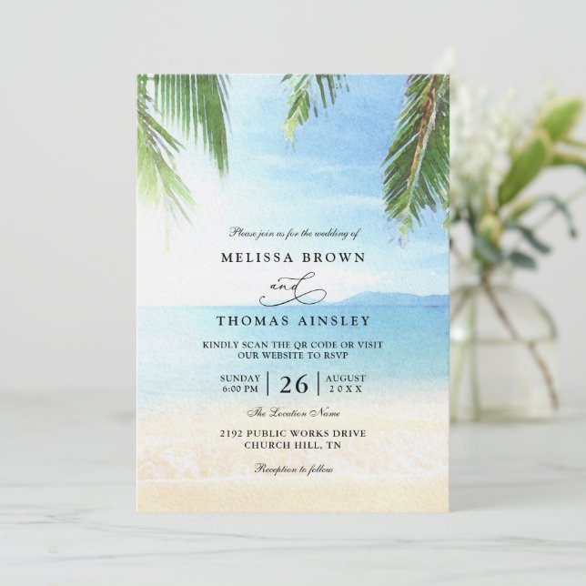 Palm Tree Tropical Island Beach QR Code Wedding Invitation (Standing Front)
