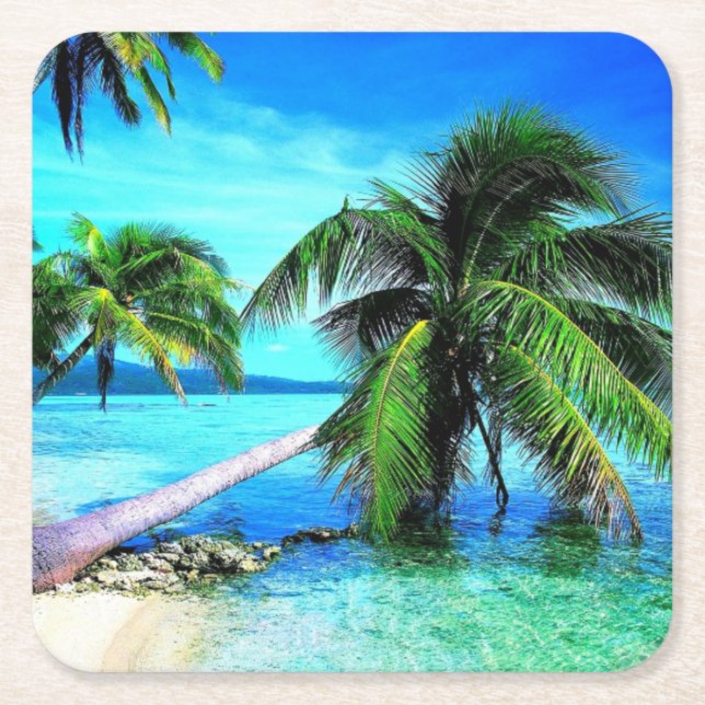 Palm Tree Tropical Island Beach Square Paper Coaster (Front)