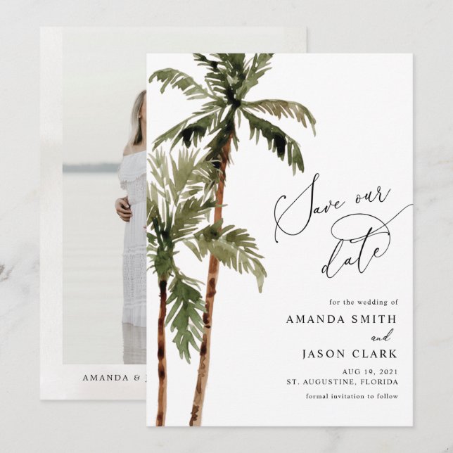 Palm Tree Tropical Island Minimal Beach Save The D Date (Front/Back)
