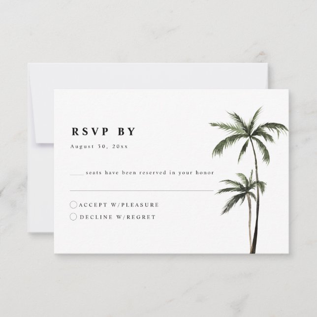 Palm Tree Tropical Island Minimal Beach Wedding RSVP Card (Front)