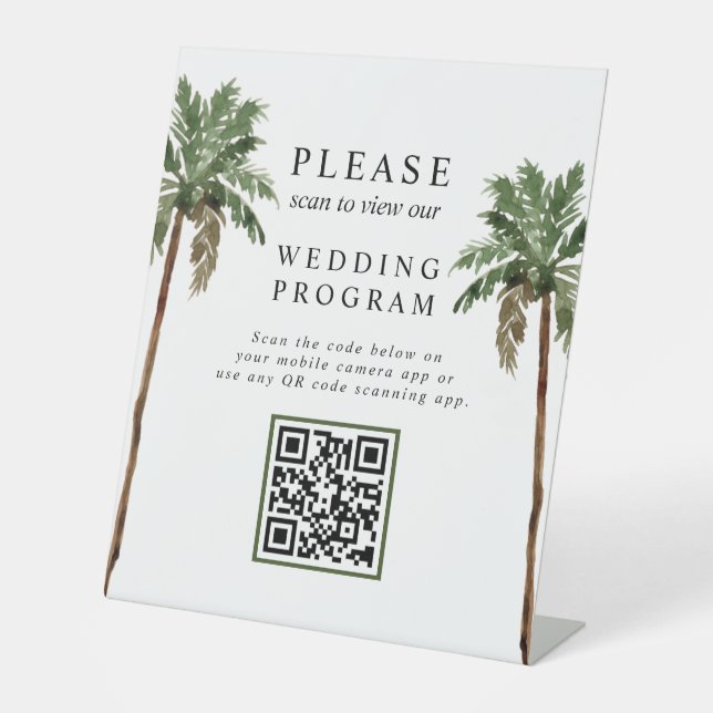 Palm Tree Tropical Island QR code Wedding Program Pedestal Sign (Front)