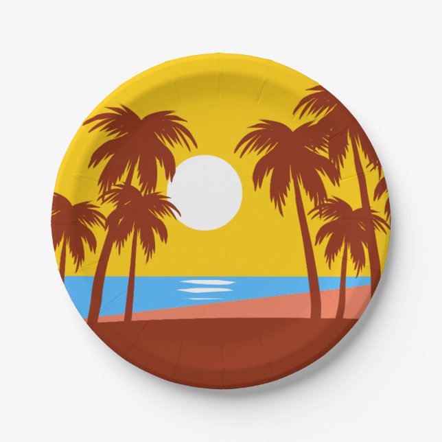 Palm Tree Tropical Island Sunset Paper Plates (Front)
