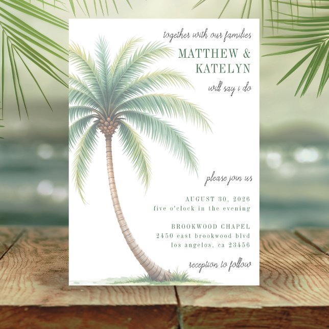 Palm Tree Tropical Island Watercolor Green Wedding Invitation (Palm Tree Island Destination Wedding Invitation)
