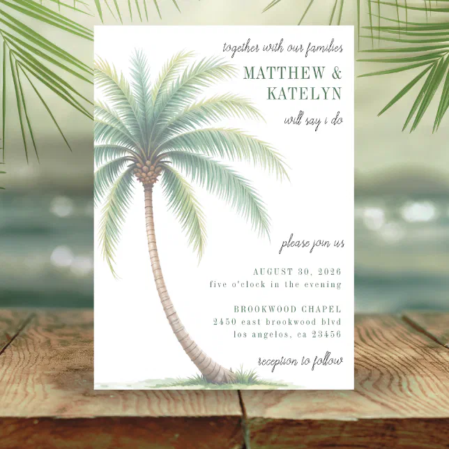 Palm Tree Tropical Island Watercolor Green Wedding Invitation | Zazzle
