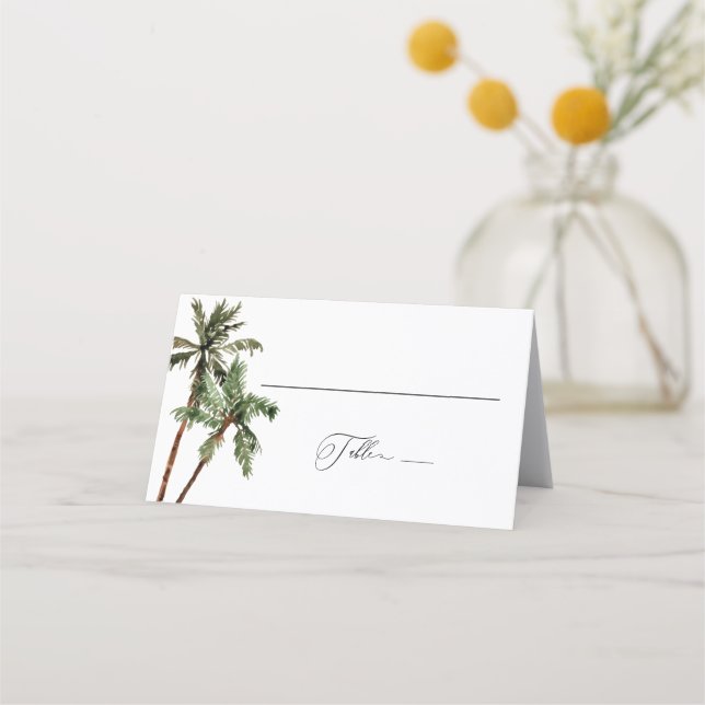 Palm Tree Tropical Minimal Green Wedding  Place Card (Front)